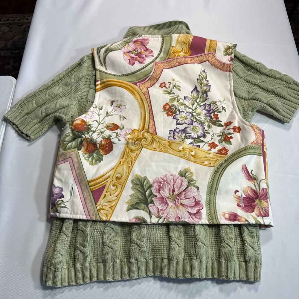 Cottagecore Vtg Coastal Granny Large Sage Cable Knit Sweater Floral Striped Vest - Picture 2 of 10